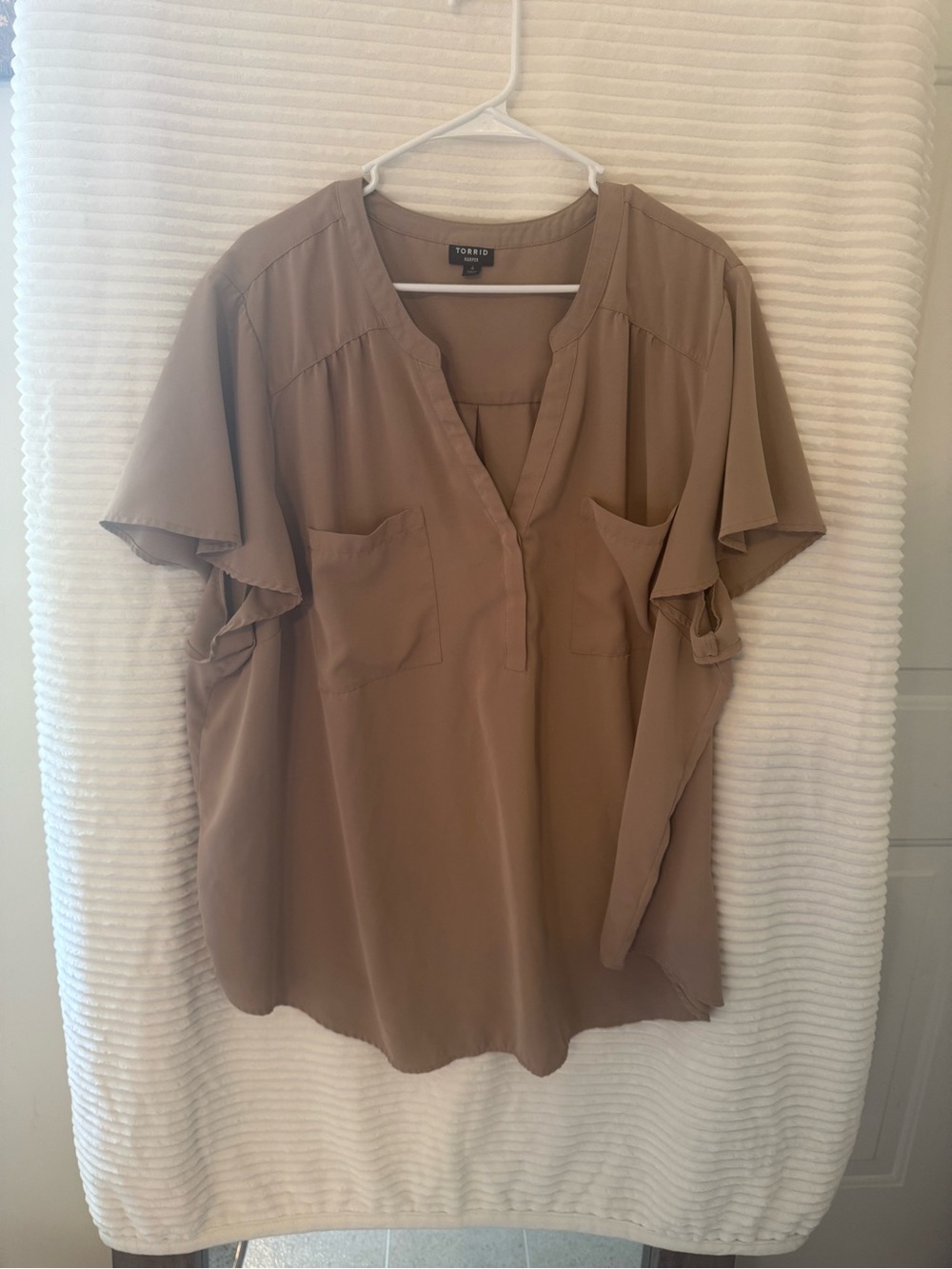 torrid Tan Flutter-Sleeve V-Neck Blouse with Patch Pockets